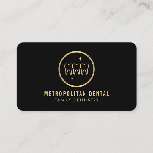 黒モダンの歯科フェイク歯金ゴールドロゴ 名刺 (正面)