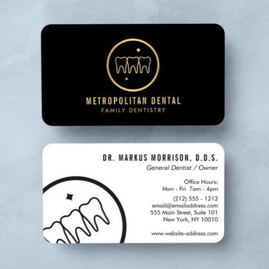 黒モダンの歯科フェイク歯金ゴールドロゴ 名刺