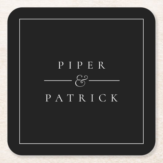 黒モダンの結婚カップル名 スクエアペーパーコースター (正面)