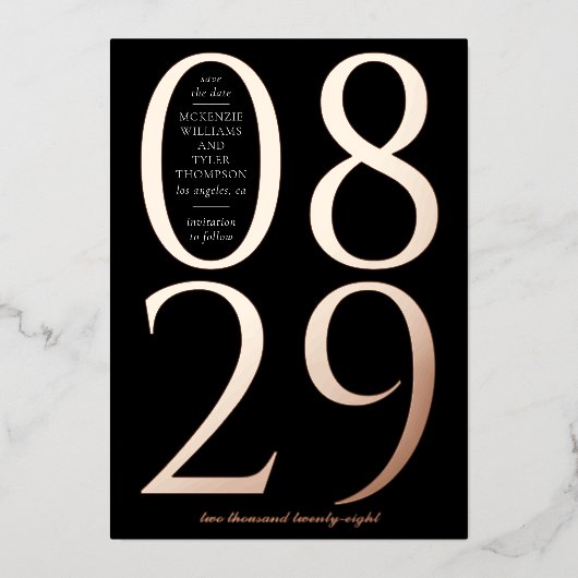 黒モダンはっきりしたの大きな日付日付を保存 箔招待状 (正面)
