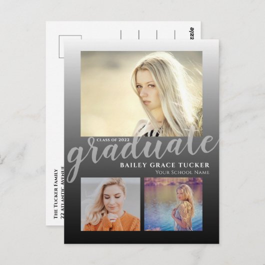 黒モダンはっきりしたグラデーション卒卒業 ポストカード (正面/裏面)