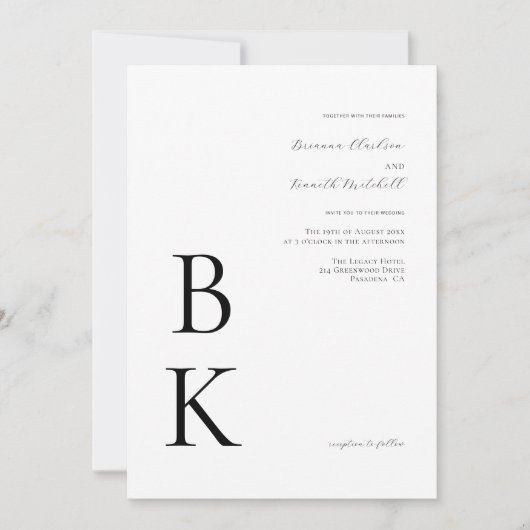 黒モダンはっきりしたモノグラムタイポグラフィ結婚ズ 招待状 (正面)