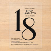 黒モダンはっきりした文字18th誕生日パーティー アクリル招待状 (正面)