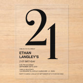 黒モダンはっきりした文字21歳の誕生日パーティー アクリル招待状 (正面)