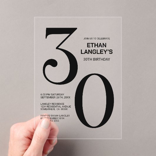 黒モダンはっきりした文字30歳の誕生日パーティー アクリル招待状 (インサイチュ (ポータブル))