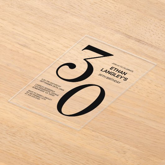 黒モダンはっきりした文字30歳の誕生日パーティー アクリル招待状 (レイダウン)