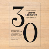 黒モダンはっきりした文字30歳の誕生日パーティー アクリル招待状 (正面)