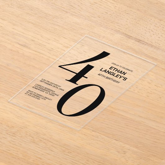 黒モダンはっきりした文字40歳の誕生日パーティー アクリル招待状 (レイダウン)