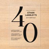 黒モダンはっきりした文字40歳の誕生日パーティー アクリル招待状 (正面)