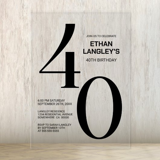 黒モダンはっきりした文字40歳の誕生日パーティー アクリル招待状