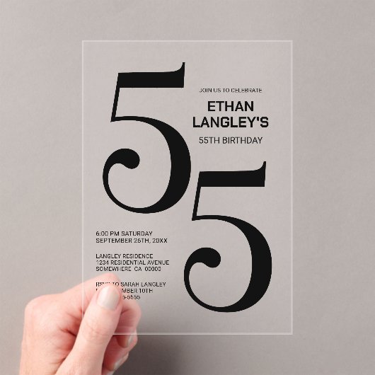 黒モダンはっきりした文字55th誕生日パーティー アクリル招待状 (インサイチュ (ポータブル))