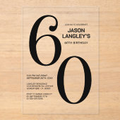 黒モダンはっきりした文字60th誕生日パーティー アクリル招待状 (正面)
