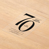 黒モダンはっきりした文字70th誕生日パーティー アクリル招待状 (レイダウン)