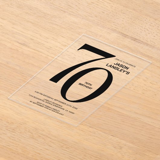 黒モダンはっきりした文字70th誕生日パーティー アクリル招待状