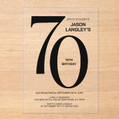 黒モダンはっきりした文字70th誕生日パーティー アクリル招待状 (正面)