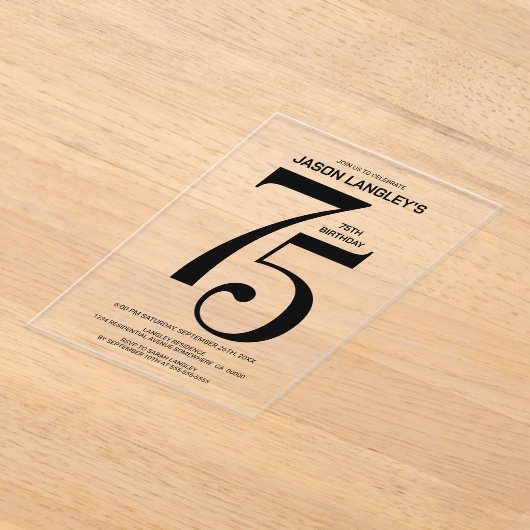 黒モダンはっきりした文字75th誕生日パーティー アクリル招待状 (レイダウン)