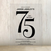 黒モダンはっきりした文字75th誕生日パーティー アクリル招待状