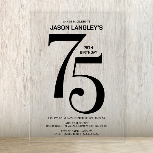 黒モダンはっきりした文字75th誕生日パーティー アクリル招待状