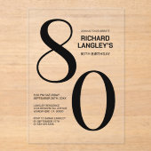 黒モダンはっきりした文字80th誕生日パーティー アクリル招待状 (正面)