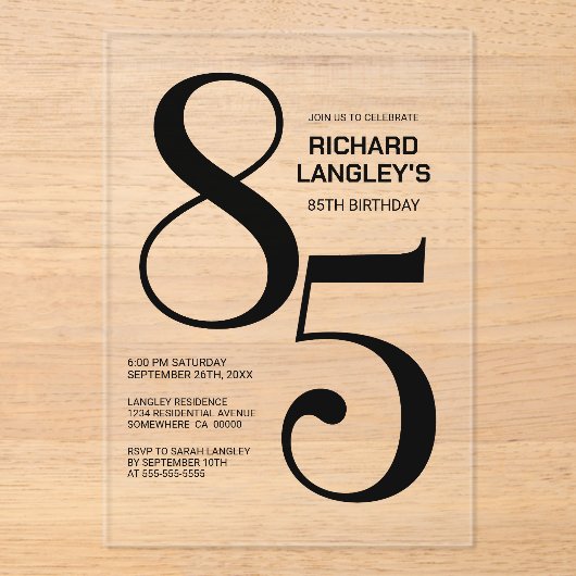 黒モダンはっきりした文字85thバースデーパーティー アクリル招待状 (正面)