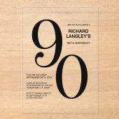 黒モダンはっきりした文字90th誕生日パーティー アクリル招待状 (正面)