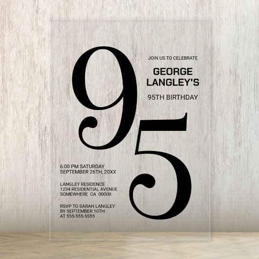 黒モダンはっきりした文字95thバースデーパーティー アクリル招待状