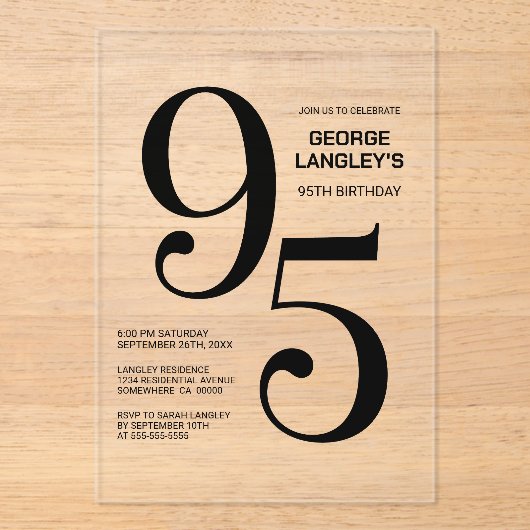 黒モダンはっきりした文字95thバースデーパーティー アクリル招待状 (正面)