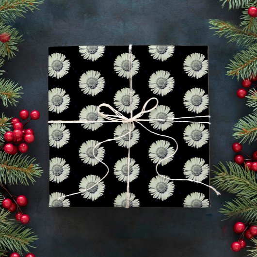 黒モダンはっきりした白デイジー型スタイリッシュ ラッピングペーパー