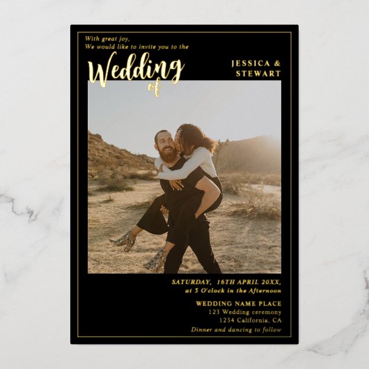 黒モダンはっきりした結婚字の写真 箔招待状 (正面)