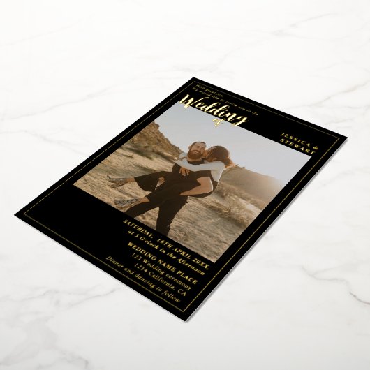 黒モダンはっきりした結婚字の写真 箔招待状 (回転した状態)