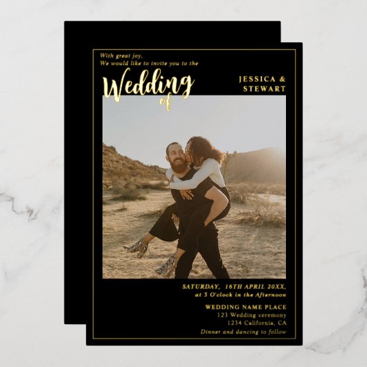 黒モダンはっきりした結婚字の写真 箔招待状 (正面/裏面)