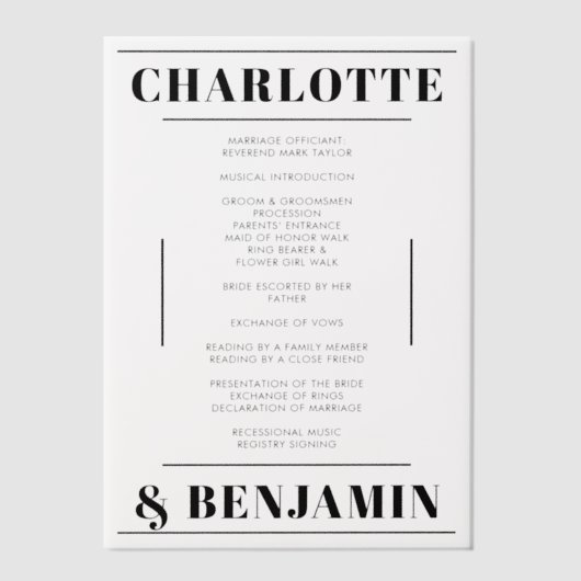 黒モダンはっきりした結婚式 プログラムVellumカード ベラム紙招待状 (正面)