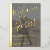 黒モダンはっきりした結婚2枚の金ゴールドストライプ 箔招待状 (正面)