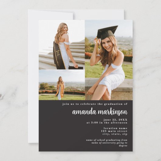 黒モダンはっきりした4写真卒業のお知らせ 招待状 (裏面)