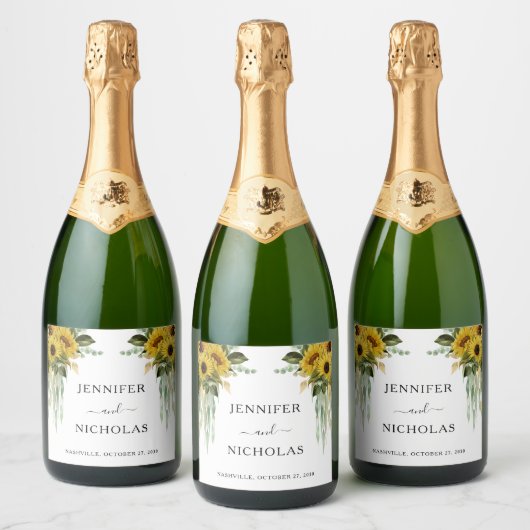 黒モダンひまわり結婚の スパークリングワインラベル (ボトル)