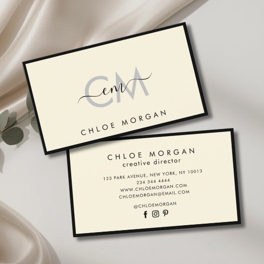 黒モダンアイボリースクリプト署名モノグラム 名刺