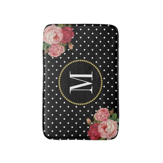 黒モダンアンティークフローラ水玉模様モノグラム バスマット (正面縦)