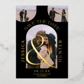 黒モダンアーチ4写真結婚式の日付を保存 箔招待状 (正面)