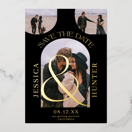 黒モダンアーチ4写真結婚式の日付を保存 箔招待状 (正面)