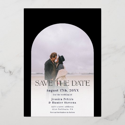 黒モダンアーチ4写真結婚式の日付を保存 箔招待状 (裏面)