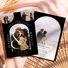 黒モダンアーチ4写真結婚式の日付を保存 箔招待状