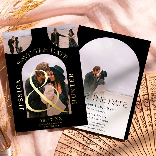 黒モダンアーチ4写真結婚式の日付を保存 箔招待状