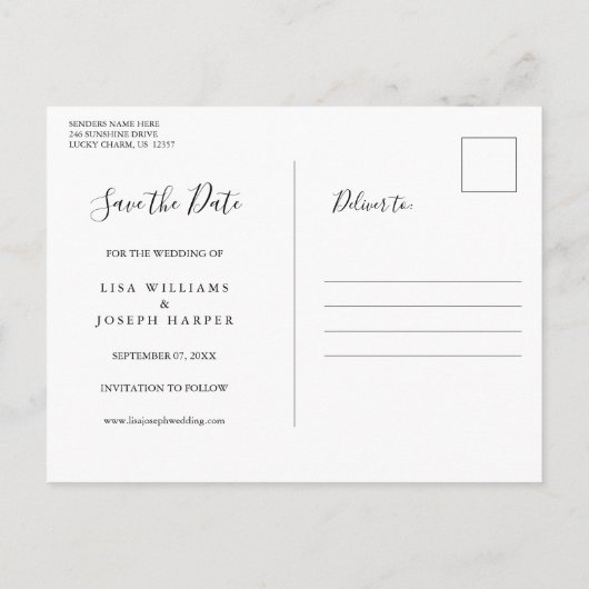 黒モダンエレガントと白の日付の保存 ポストカード (裏面)