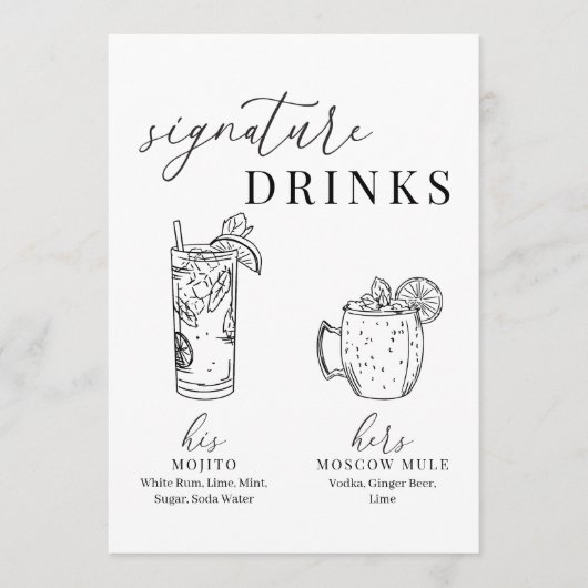 黒モダンエレガントと白の署名ドリンクの看板 (正面)