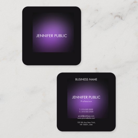 黒モダンエレガントと紫のテンプレート スクエア名刺 (正面/裏面)