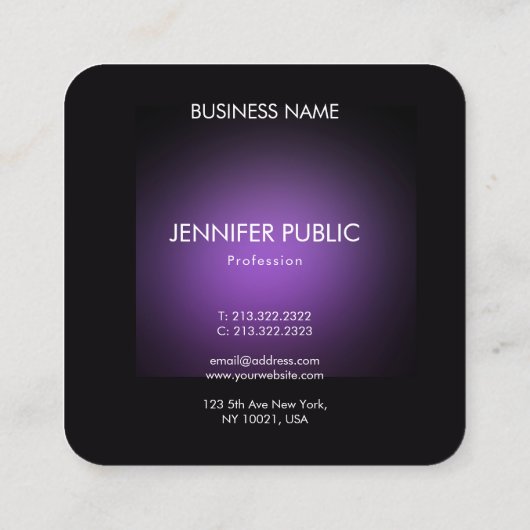 黒モダンエレガントと紫のテンプレート スクエア名刺 (裏面)