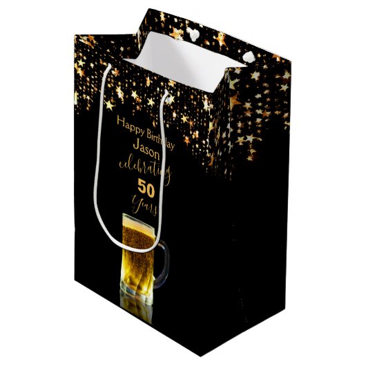 黒モダンエレガントと金ゴールドのグリッター ミディアムペーパーバッグ (正面アングル)