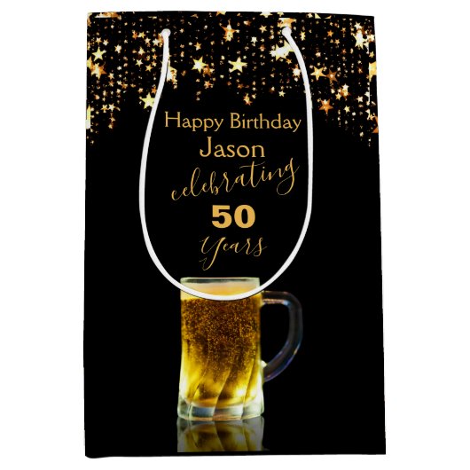 黒モダンエレガントと金ゴールドのグリッター ミディアムペーパーバッグ (正面)