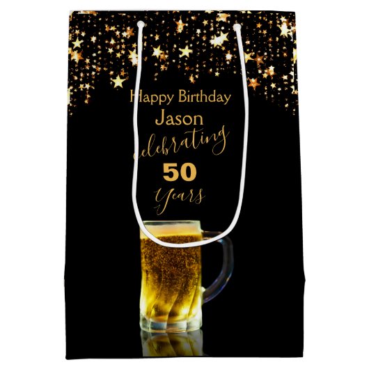 黒モダンエレガントと金ゴールドのグリッター ミディアムペーパーバッグ (裏面)