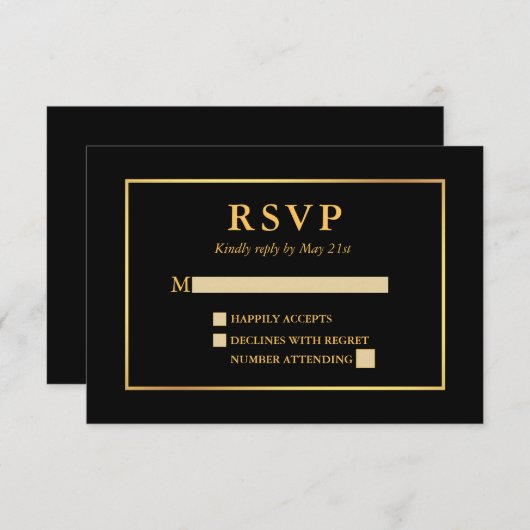 黒モダンエレガントと金ゴールドのフレーム 出欠カード (正面/裏面)